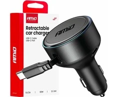 Automobilinis įkroviklis su ištraukiamu C kabeliu ir USB-C 12/24V 60W AMIO-04368