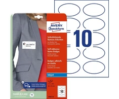 AVERY Vardinės etiketės 85x50 mm, ovalios, baltos, lipnios ant drabužių, skirtos rašaliniams spausdintuvams - (20 lapų x 10 vnt.)