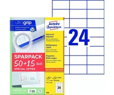 AVERY etiketės universalios 70x37 mm balta su Ultragrip + 30% papildomo turinio (65 lapai x 24 vnt.)