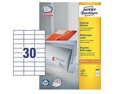 Lipnios etiketės Avery Zweckform, A4, 70x29,7mm, 30 etikečių lape, be rėmelio, 100 lapų, baltos spalvos