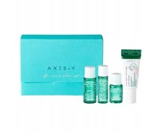 AXIS-Y_SET Mini švytėjimo suteikiantis rinkinys: vieno žingsnio subalansuotas gelinis valiklis su kvinoja, 8 ml + kasdienis valomasis tonikas, 5 ml + intensyvios odos apsaugos ampulė su artišokais, 5 ml + tamsias dėmes koreguojantis švytėjimo suteikiantis serumas