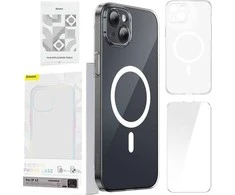 Telefono dėklas Baseus Magnetic Crystal Clear, skirtas iPhone 13 (skaidrus) su viso grūdinto stiklo ekrano apsauga ir valymo rinkiniu