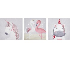 Beliani 3 vaizdų rinkinys ant drobės gyvūnams 30 x 30 cm pilkai rožinės TIMIA