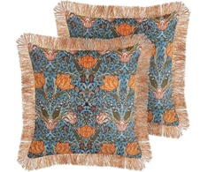 Beliani Lumarko 2 dekoratyvinės veliūrinės pagalvės su gėlėmis ir kutais 45 x 45 cm mėlynos ir oranžinės spalvos MITELLA!