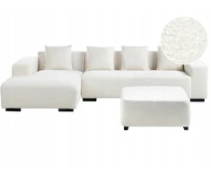 Beliani 4-vietė kampe sofa LUNGO Boucle, balta su otomanu, dešininė