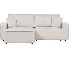 Beliani Trivietė kampinė sofa KARILA, šviesiai smėlio spalvos, su miegojimo funkcija ir patalynės dėže, dešininė