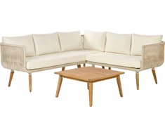 Lauko baldų komplektas Beliani Sodo kampinė sofa su stalu 5 asmenims ALCAMO kairinė, šviesiai smėlio spalvos, akacijos mediena
