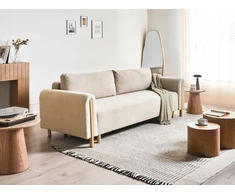 Beliani Trivietė išskleidžiama sofa KVAM, „Boucle“ audinys, šviesiai smėlinė spalva su patalynės dėže