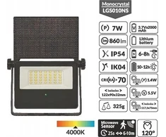 BestService prožektorius Lumax solar reg prožektorius 7W 860lm 3.7Cx2000mAh 740 IP54 jutiklis 5.5V LGS010NS