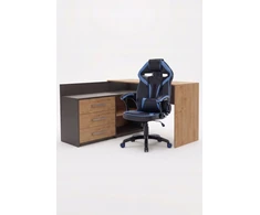 Dany kampinis rašomasis stalas, antracito spalvos / „Artisan Oak“ + mėlynas fotelis