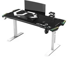 Žaidimų stalas Ultradesk Force Gaming Desk, LED RGB Prismatic, Baltas su juodu kilimėliu