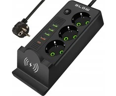 Blow PS-350U 3 lizdų maitinimo prailginimo laidas 4xUSB+USB-PD 3m juodas 3x1mm