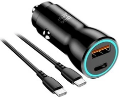 BlueStar Automobilinis įkroviklis Blue Star USB C + USB A QC3.0 PD AFC PPS 3A 25W + laidas USB C į USB C juodas