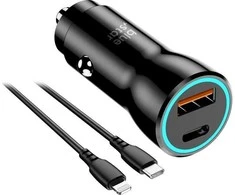 BlueStar Car charger Blue Star USB C + USB A QC3.0 PD AFC PPS 3A 25W + cable USB C to Lightning juodas