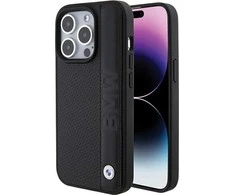Dėklas BMW BMHCP15X22RDPK Apple iPhone 15 Pro Max 6.7″ juodos spalvos kietas dėklas Leather Textured &amp; Stripe