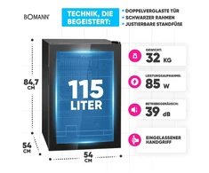 Bomann KSG 7290 juodas šaldytuvas su stiklinėmis durelėmis, 84,5 cm