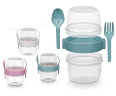 Plastikinis indas su stalo įrankiais, 800 ml, 3 spalvos, 13.8×12.5×10.2 cm, 94909, Leknes