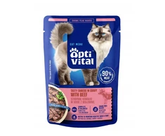 OPTIVITAL Tasty shreds in gravy with jautiena – šlapias kačių maistas – 85g