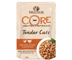 Brit „Core Tender Cuts“, šlapias katėms skirtas ėdalas su vištiena ir kalakutiena padaže, 85 g, pakelis, 8 vnt./EKSPONUOJAMAS