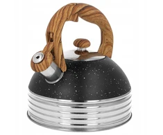 Plieninis virdulys su švilpuku indukcinei viryklei 2,5 l, juodas marmuras, medinė rankena BRUNBESTE BB-2476