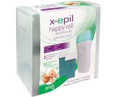 X-Epil rinkinys: Happy Roll Aloe Vera šilko efektu vyniojamas depiliacinis vaškas kūnui, papildymas, 2 vnt., 50 ml + Happy Roll Aloe Vera šilko efektu vyniojamas depiliacinis vaškas kūnui, papildymas, 50 ml + X-Epil depiliacinės vaško juostelės kojoms, 10 vnt.