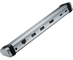 CANYON DS-6, kelių prievadų prijungimo stotis su 7 jungtys: 2*Tipas C+1*HDMI+2*USB3.0+1*RJ45+1*garsas 3.5mm, Įvestis 100-240V, Išvestis USB-C PD 5-20V /3A&amp;USB-A 5V/1A, su c tipo iki c tipo kabeliu 0.3m, Space pilka, 226*33.7*24mm, 0.174kg