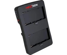 Canyon V-lock akumuliatoriaus adapterio plokštė, naudojanti 2x Sony NP-F, kad sukurtų 14,4 V V-Lock akumuliatorių, D-Tap išvestis