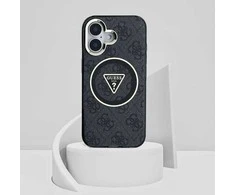 Dėklas Guess IML Metal Glitter 4G Circle Triangle MagSafe iPhone 16 juodos spalvos