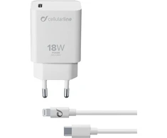 Cellular Line Įkroviklis jungiama į tinklą Cellularline su portem USB-C 18 W do szybszego ładowania modeli iPhone 8 lub nowszych su portem USB-C do Lightning