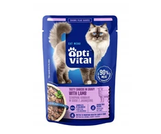 OPTIVITAL Tasty shreds in gravy su ėriena – šlapias kačių maistas – 85g