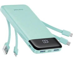 Nešiojamoji baterija 5V 3A 10000 mAh su integruotais laidais USB A / USB C / Lightning / Micro USB Charmast W1148 žalias