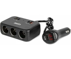 Trijų lizdų prailgintojas su įkrovikliu ir skaitmeniniu ekranu 2x USB-A + 1x USB-C QC 4.0 12/24V 120W 80 cm AMIO-04366