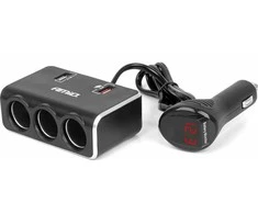 Trijų lizdų prailgintojas su įkrovikliu ir skaitmeniniu ekranu 2x USB-A QC 3.0 12/24V 120W 80 cm AMIO-04364
