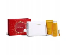 Clarins Set Clarins: Aroma, Essential Oils, Hydrating, Body Oil, 200 ml + Aroma, Essential Oils, Dušo želė, All Over The Body, 200 ml + Lip Confort, Lip Oil, 01, 1.4 ml *Miniature + Clarins, Zippered, GWP Textile Pouch, Baltas Unisex