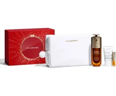 Set Clarins: Double Anti-Ageing Serum For Face, 50 ml + Cryo-Flash Firming &amp; Radiance Kreminis Mask For Face, 15 ml + Lip Confort Lip Oil 01 1.4 ml *Miniature + Clarins Zippered GWP Textile Pouch Baltas