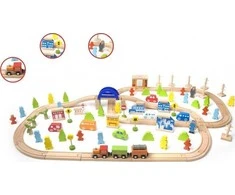 Classic World Didelis medinės traukinių trasos rinkinys su priedais 110 vnt