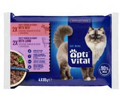 Katės maistas - OptiVital ėrienos ir jautienos maišeliai (drėgnas maistas, 4x85g)