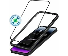 Crong Anti-Bacterial 3D Armor Glass – 9H grūdintas stiklas visam iPhone 14 Pro Max + montavimo rėmelio ekranui