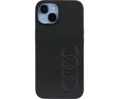 Audi Synthetic Leather Apple iPhone 14 / 15 / 13 6.1″ juodos spalvos kietas dėklas AU-TPUPCIP14-TT/D1-BK
