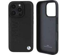 BMW BMHCP16LSLLBK Apple iPhone 16 Pro 6.3″ juodos spalvos kietas dėklas Leather Hot Stamp