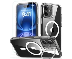 ESR Classic Hybrid KickStand HaloLock MagSafe &amp; TEMPERED GLASS Apple iPhone 16 Plus dėklas telefonui skaidrus