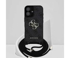 GUESS dėklas skirtas Apple iPhone 16 GUHCP16SP4GMGCRK (CBDY PU 4G Big Logo W/Cord Strap) juodos spalvos