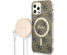 Apple iPhone 12 / 12 PRO Guess dėklas 4G Print MagSafe + Belaidis Įkroviklis (GUBPP13XH4EACSP) rudos spalvos