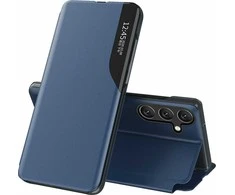 Hurtel Eco Leather View Samsung Galaxy A24 4G atverčiamas su stoveliu dėklas telefonui mėlynos spalvos
