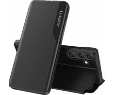 Hurtel Eco Leather View Samsung Galaxy A24 4G atverčiamas su stoveliu dėklas telefonui juodos spalvos