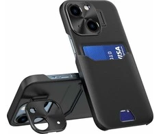 Hurtel Leather Apple iPhone 14 Plus card wallet su stoveliu dėklas telefonui juodos spalvos