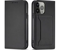 Hurtel Magnet Card dėklas telefonui Apple iPhone 14 Pro Max atverčiamas su stoveliu juodos spalvos