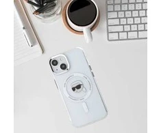 Dėklas Karl Lagerfeld IML Metal Karl Head MagSafe iPhone 15 baltos spalvos