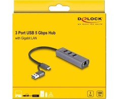 DeLOCK 3 prievadų USB 5 Gbps šakotuvas + Gigabit LAN su USB Type-C, prijungimo stotis (pilka)