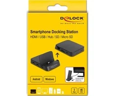 „DeLOCK“ 4K išmaniojo telefono prijungimo stotelė su integruotu laikikliu – HDMI/USB/šabukas/SD/Micro SD, skirta „Android“ arba „Windows“